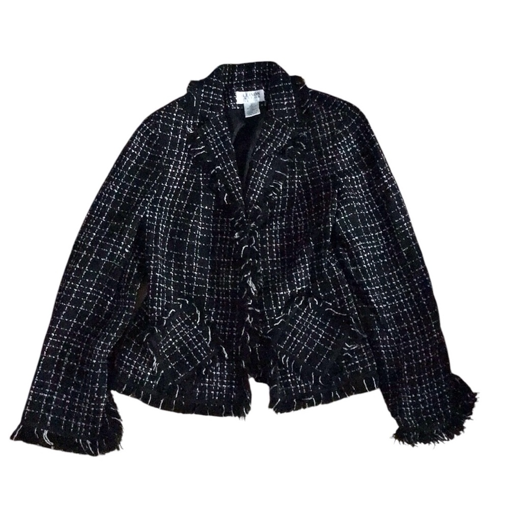 Allison Taylor Black White Check Plaid Tweed Fringe Cropped Lined Jacket 2P